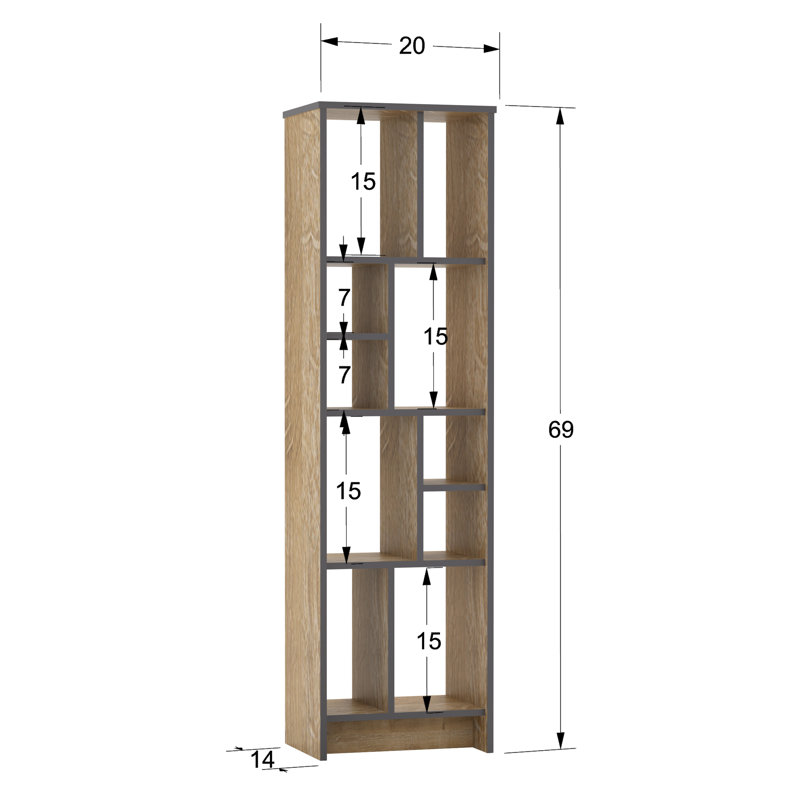 175.26cm H x 50.8cm W Geometric Bookcase, Sapphire Oak/Dark Grey
