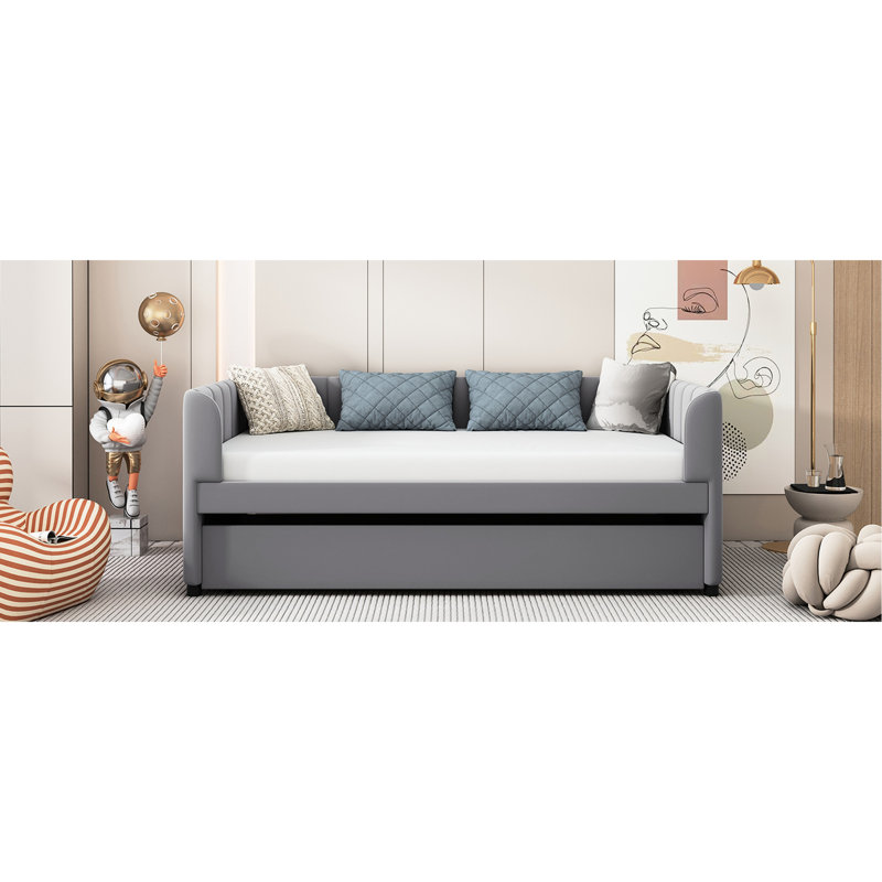Lit de jour simple rembourré avec dossier ergonomique et lit gigogne, lit d'invité gris pour enfants ou petits espaces, Gris