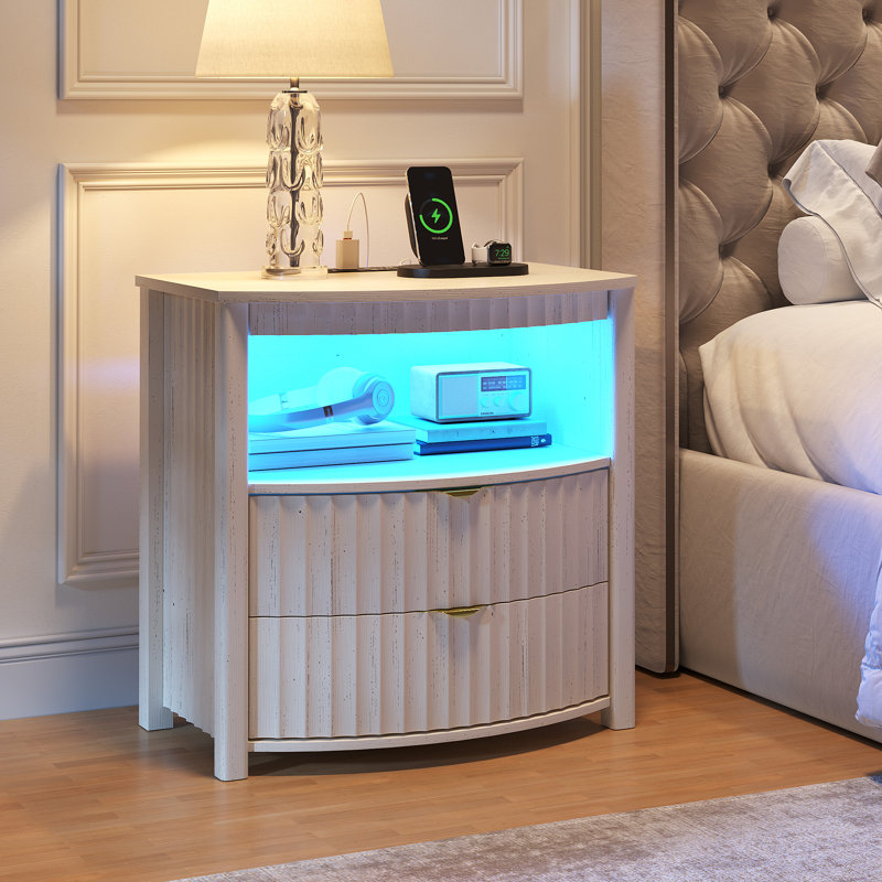 Fluted Curved Bedside Table with Human Sensor Light, Charging Station, White