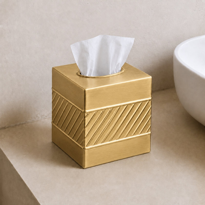Wave Embossed Metal Tissue Box Cover, Brushed Gold