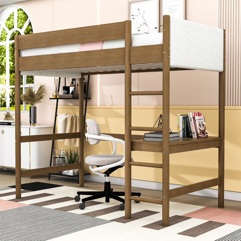 Twin Wood Loft Bed With Built-In-Desk And Ladder
