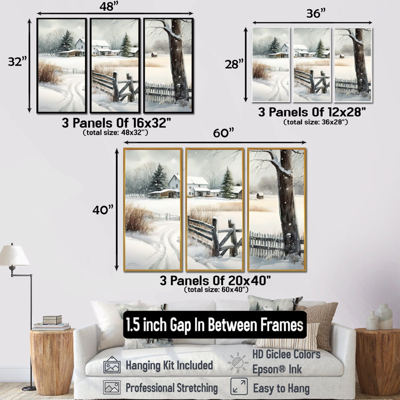 «Kentucky Farm In Winter», ensemble d'art mural sur toile, H 28 po x l 36 po, Cadre brun