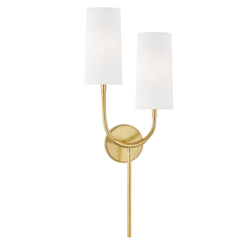 Elegant Aged Brass Dual-Light Wall Sconce with White Linen Shades