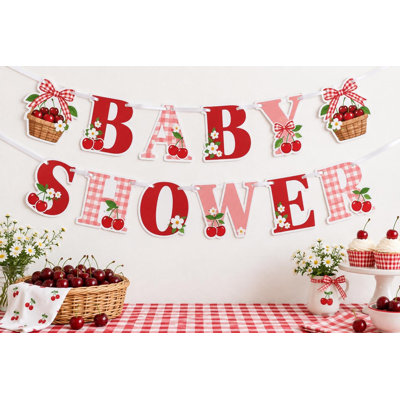 Bannière de douche de bébé cerise pique-nique, guirlande de cerisier vichy rose rouge, décoration murale en carton