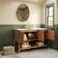 Armoire de salle de bain autoportante avec 3 portes et tablettes ouvertes