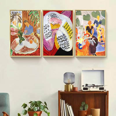 Black Dress And Violet Dress, The Dream, Small Interior With Round Marble Table by Henri Matisse - 3 Piece Single Picture Frame Painting Set on Canvas