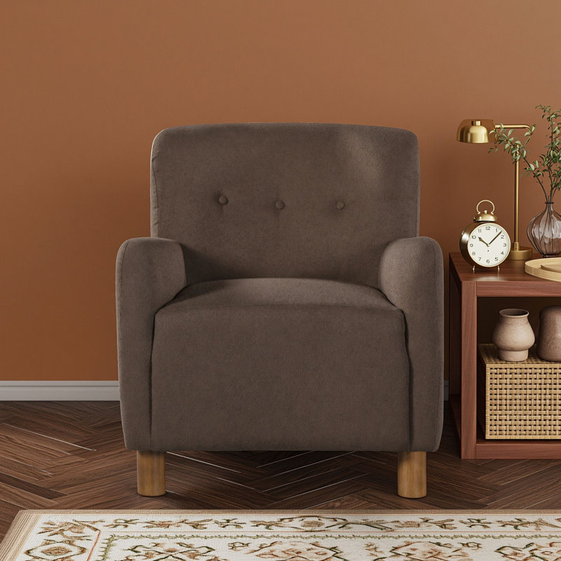 Fauteuil d'appoint moderne en lin capitonné avec siège rembourré, accoudoirs et pieds en bois d'hévéa, Brun