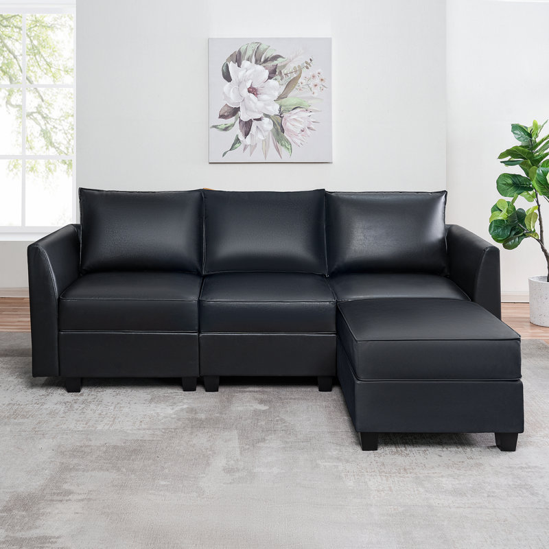 Canapé modulaire convertible en L Rudis, Similicuir noir