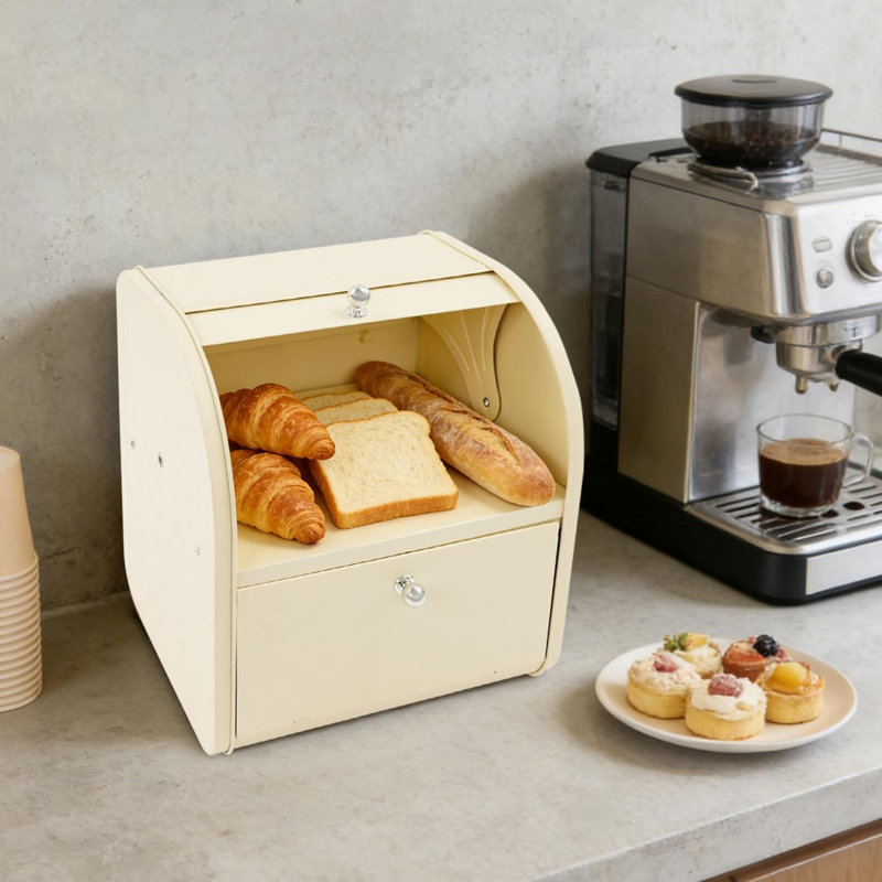 Bread Box, 2 Tier Roll Top Bread Storage Box, 2-Tier Countertop Bread Holder, Beige