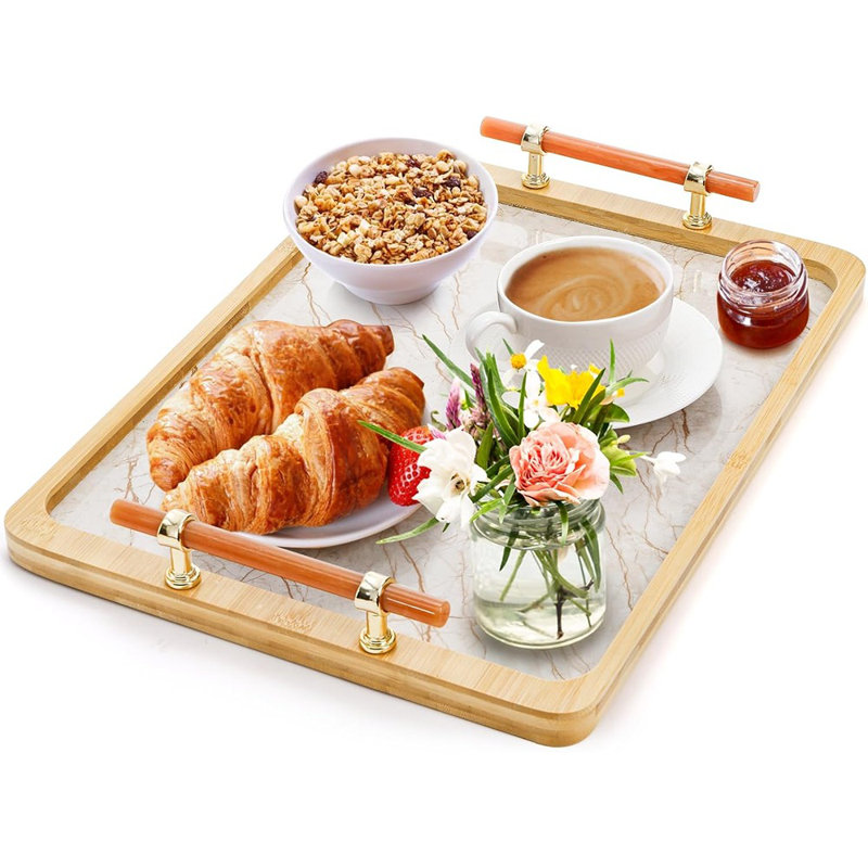Plateau de service en bambou avec poignées, plateau décoratif marbré pour table basse, repose-pieds, déjeuner et décoration intérieure