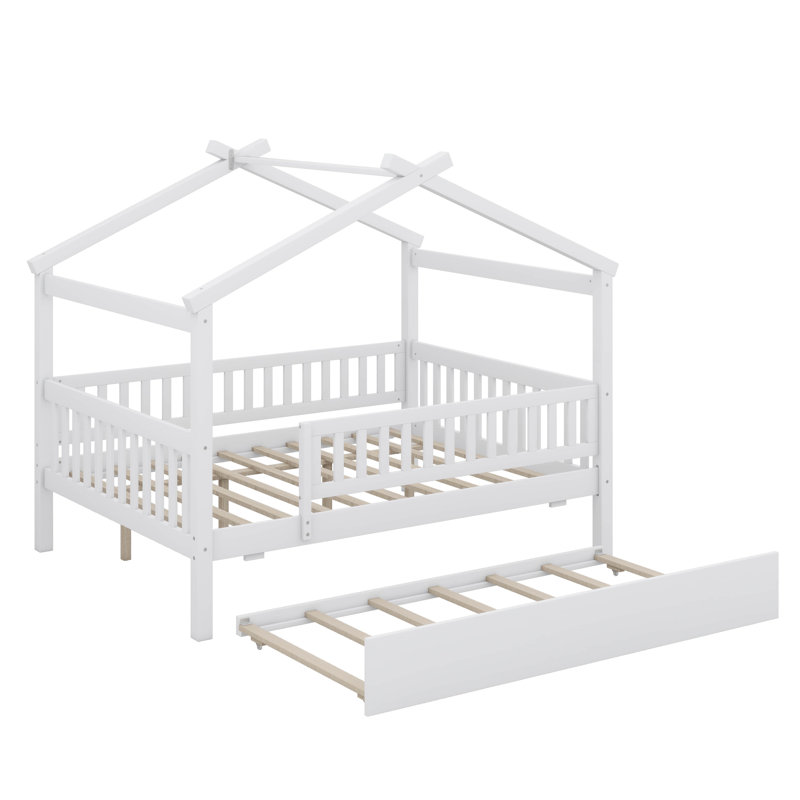 Wooden House Bed with Trundle, White, Full