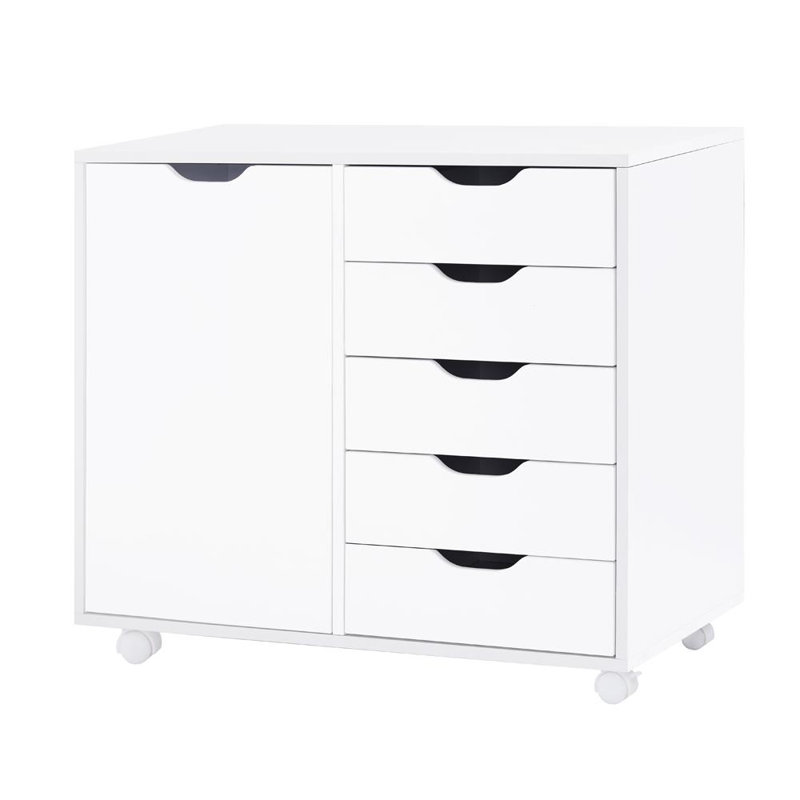 5-Drawer Office File Cabinet with Wheels and 2 Shelves, Under Desk Locking Wood Storage Organizer on Casters for Home Office, Mobile Filing Unit for Documents & Supplies