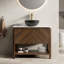 Meuble-lavabo de salle de bain 36 po Indigo, armoire de rangement autoportante en contreplaqué avec 2 portes diagonales et tablette ouverte, lavabo en céramique à motif de pierre noire et plateau en pierre frittée blanc de Carrare, grain de bois noyer foncé-130369468-130369474