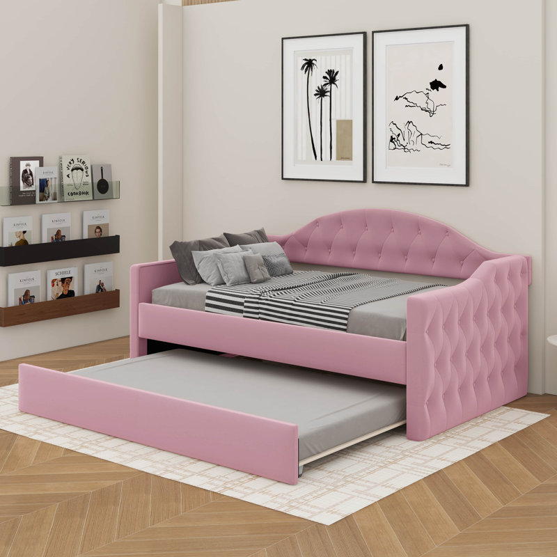 Twin Tufted Velvet Upholstered Daybed With Trundle, Pink