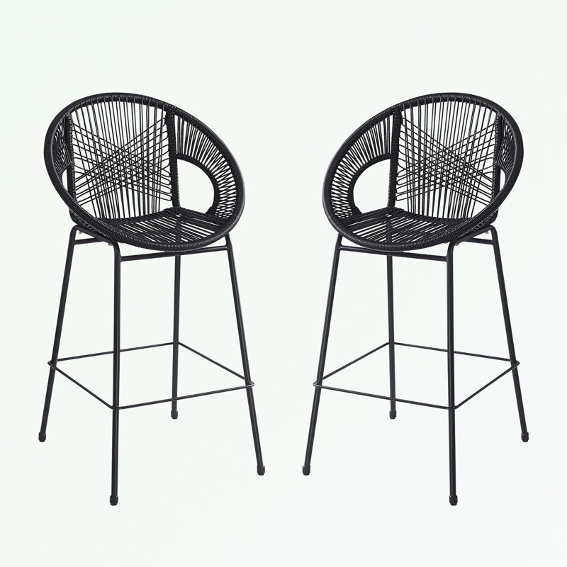Outdoor Patio Faux Wicker Barstool Set of 2  with metal legs, Black