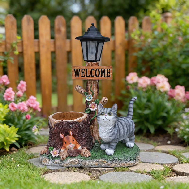 Statue de chat solaire en résine avec jardin, ferme rustique décor de patio de jardin