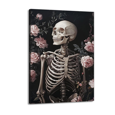 Skull Floral Wall Art Vintage Skeleton Portrait Canvas Print Dark Gothic Skull Art for Living Room Bedroom Home Wall Decor Ready to Hang(12"x18")