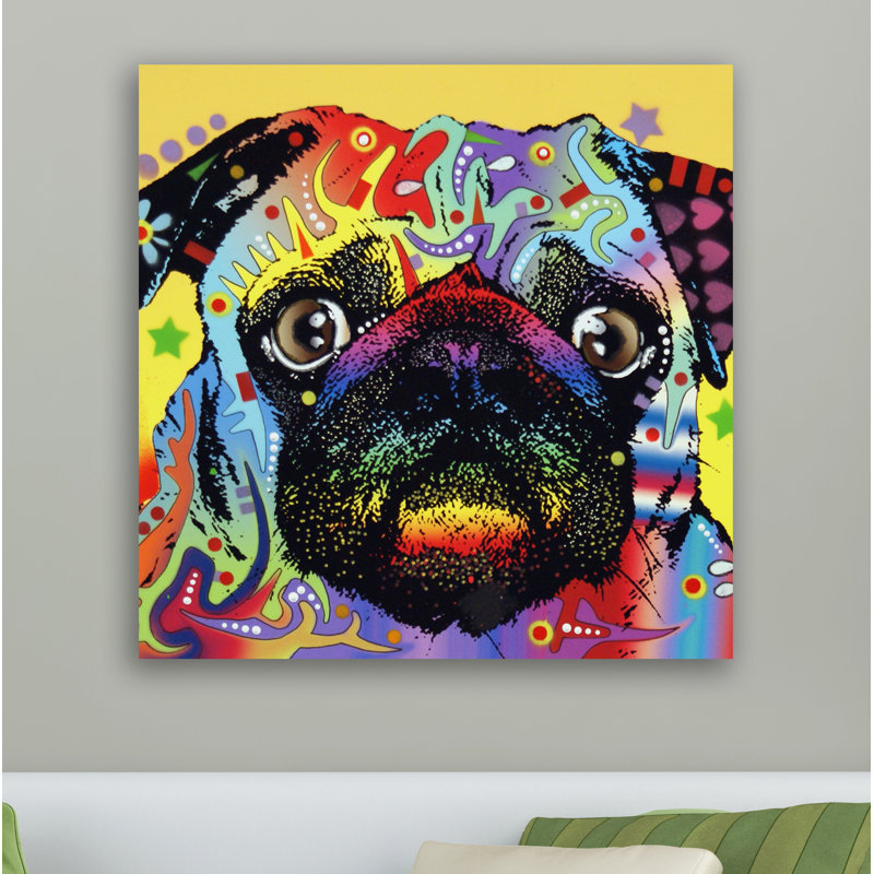 « Pug » par Dean Russo, impression d’art graphique, H 16 po x l 20 po x P 0,5 po, Cadre noir, Blanc