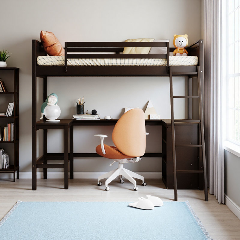 Twin Size Loft Bed With Shelves And Desk, Espresso