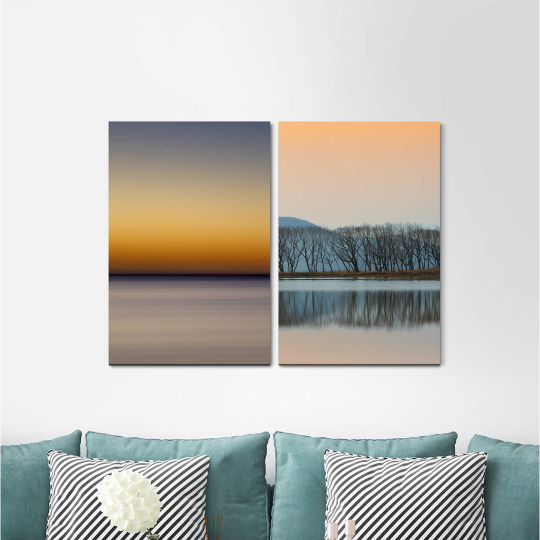 2-tlg. Leinwandbilder-Set - Grafikdruck „Horizon Sea Trees Lake Mountains Nature Sunset”