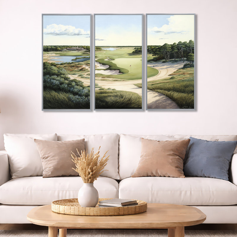 «Golf Course in The Summer», reproduction sur toile 3 pièces, Impression encadrée, H 32 po x l 48 po, Argent argent