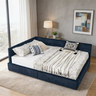 Queen Size Storage Upholstered Tufted Bed Frame, Sofa Bed Frame with Comfortable Backrest and Armrests, Queen Size Bed for Bedroom, Living Room,Velvet, DARK BLUE(85.5''*64.5''*29.5'')