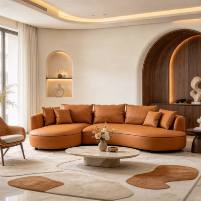 128" Curved Leather Sectional Sofa With Chaise for Living Room, Lounge, Home Den