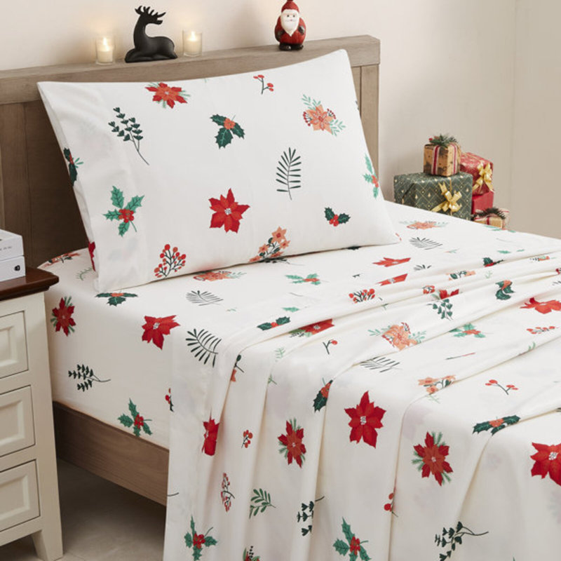 Ensemble de draps de vacances imprimés 3 pièces, facile à entretenir, literie des Fêtes douce et infroissable - poinsettia, simple