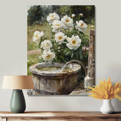 Pivoines par l'abreuvoir VI - reproduction d'art traditionnelle en métal, pivoines en métal