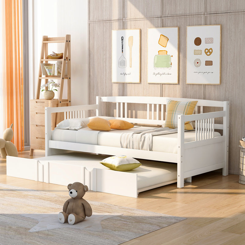 Lit de jour simple en bois avec lit gigogne simple, blanc, Blanc