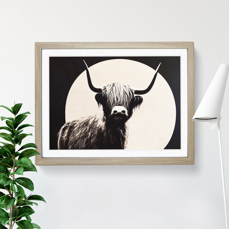 Iconic Highland Cow - Single Picture Frame Print, 46cm H x 64cm W x 2cm D, Oak