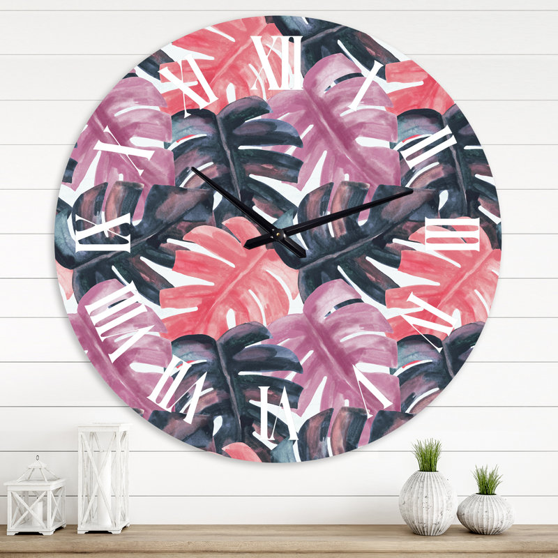 Horloge murale colorée Monstera On Rough Brush Strokes II, Surdimensionné