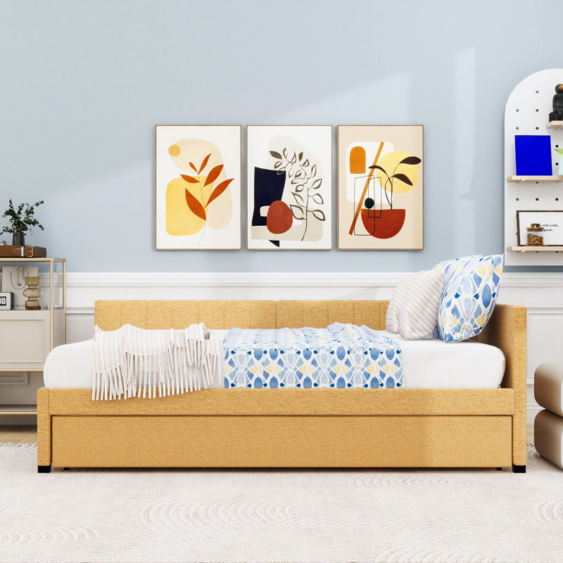 Linen Upholstered Daybed with Twin Trundle, Full/Double, Yellow