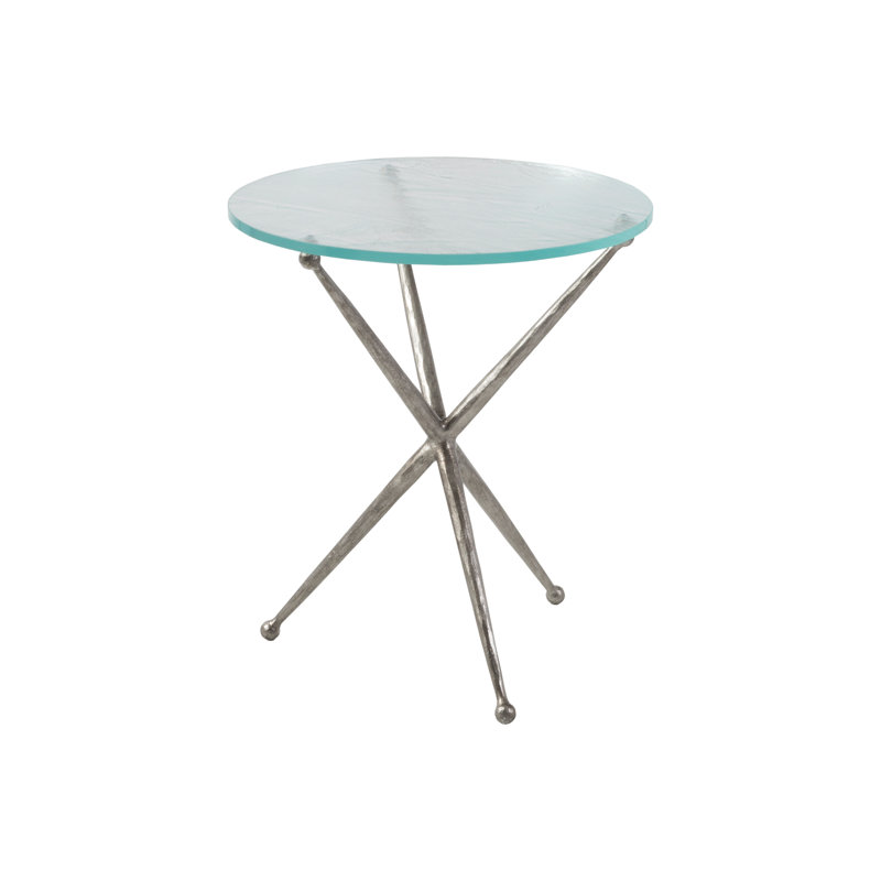 Antique Silver Leaf Round Metal End Table with Glass Top