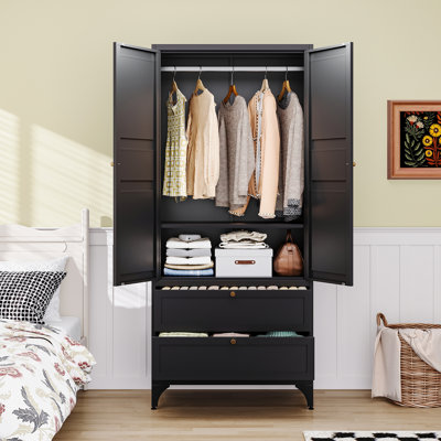 72-Inch Tall Storage Cabinet Metal Wardrobe With Hanging Rail & 2 Drawers For Bedroom, Adjustable Shelves Included
