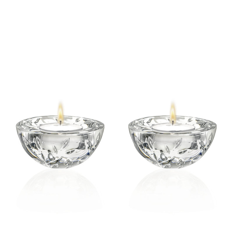 Glass - Tea Light Candle Holder - Set of 2 -Leaf Design- 3.5" Diameter