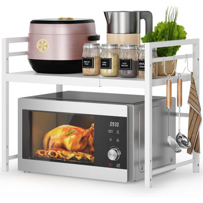 Expandable Microwave Stand Kitchen Countertop Organizer, Adjustable Microwave Oven Rack Metal Storage Shelf with 3 Hooks, 2-Tier, Black