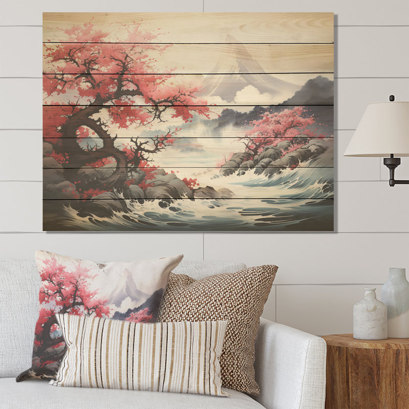 Fleurs de cerisier roses du printemps au Japon rose - Japon sur bois, H 24 po x l 32 po