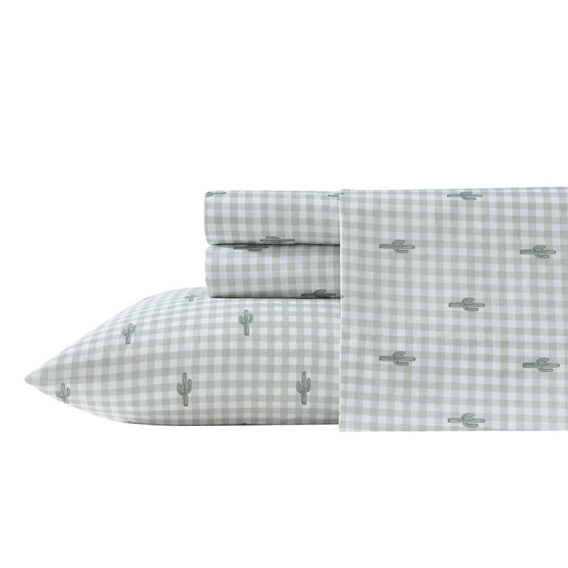 Wrangler Printed Cozy Novelty Sheet Sets, Queen Sheet Set with 2 Pillowcases, Green Plaid Cactus