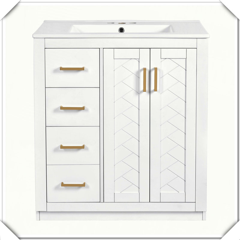 Meuble-lavabo autoportant en bois massif avec tiroirs en céramique, Blanc
