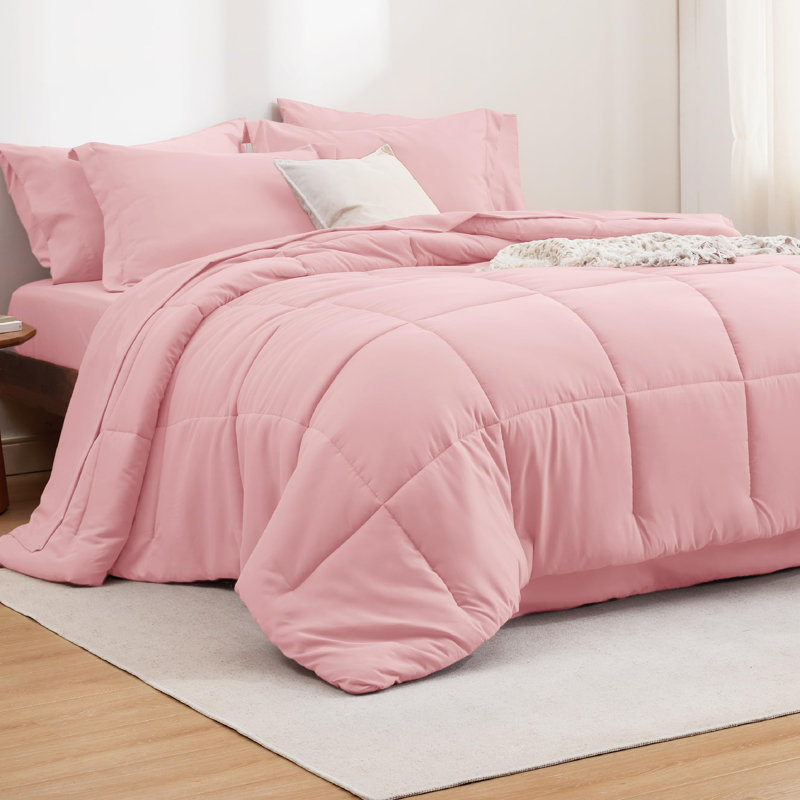 Bedsure Quilted Design Comforter Set, Pink, King Comforter + 6 Additional Pieces