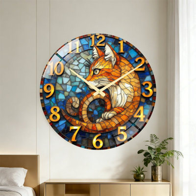Horloge murale chat vitrail - 24 po