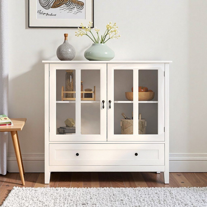 White Retro Buffet Cabinet with Double Sculpted Glass Doors & Unique Bell Handle - Adjustable Storage Shelf, 39" L