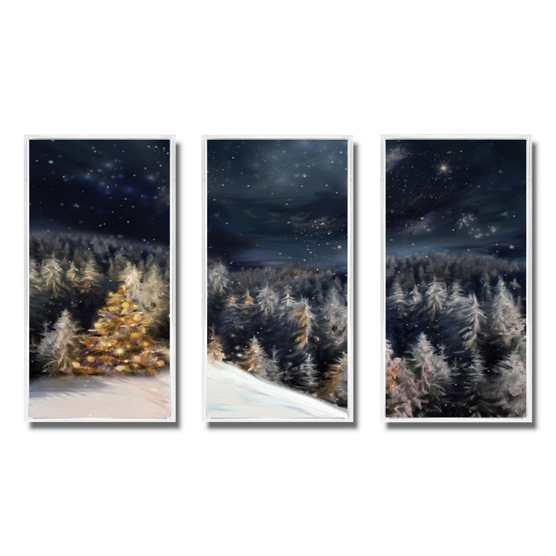 «Night Forest Christmas Tree», ensemble d'art mural sur toile encadré paysage, H 28 po x l 36 po, Blanc