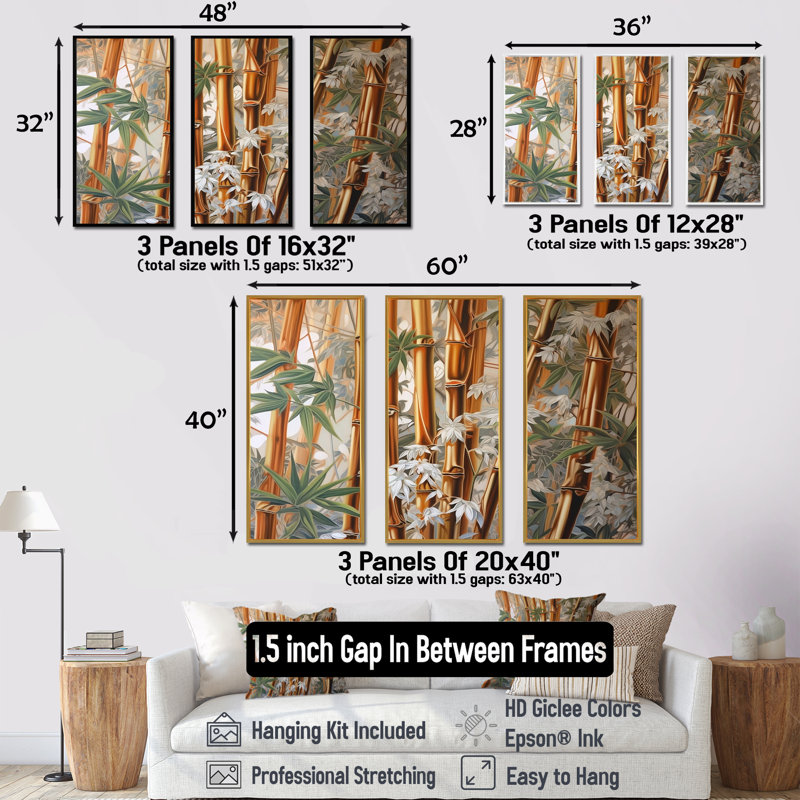 Bamboo Minimalm Beauty - ensemble d'art sur toile en bambou, Cadre flottant blanc, H 28 po x l 36 po x P 1 po