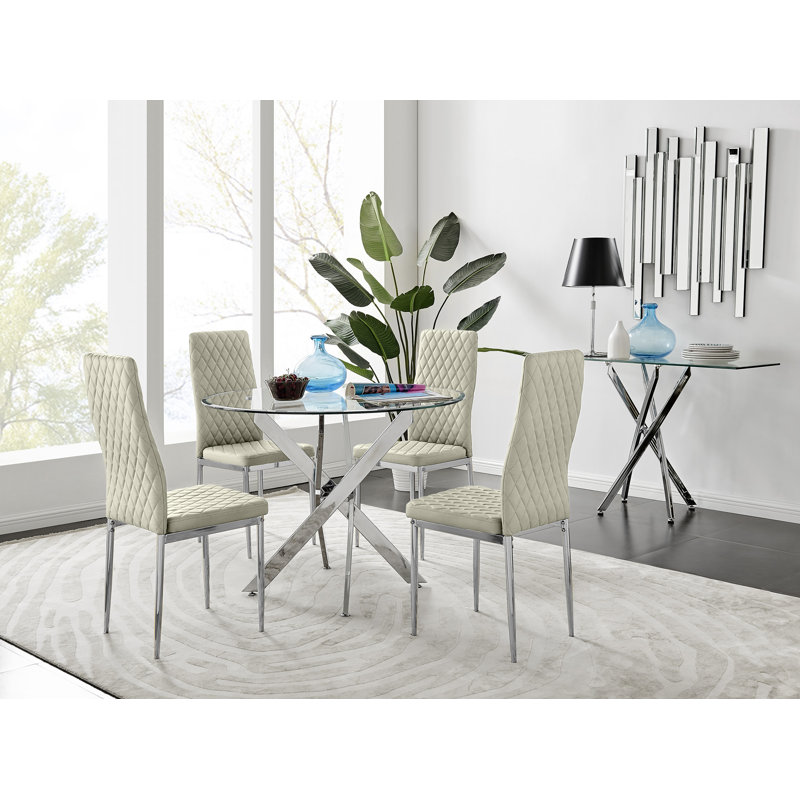 Bernell Modern Chrome Metal & Glass Round Dining Table Set with 4 Quilted Velvet Chairs, Gold, 75 x 100 x 100cm, Navy/Gold