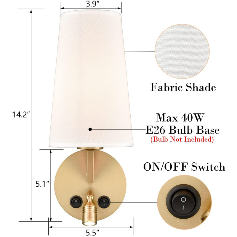 Brushed Brass and White Linen Conical Wall Sconce Set