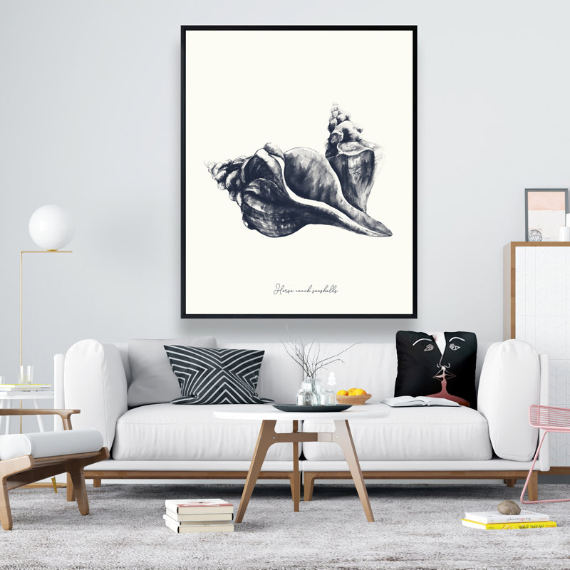 Blue Horse Conch Seashells - White Framed Canvas Decor