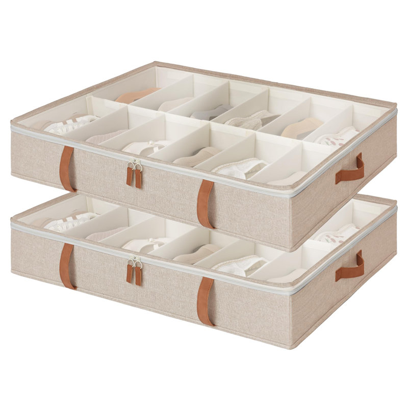 Underbed Shoes Container With Adjustable Dividers, Shoe Storage Basket With Cover, Brown, 2-Pack, Space-Saving Shoe Box Fits Up To 24 Pairs