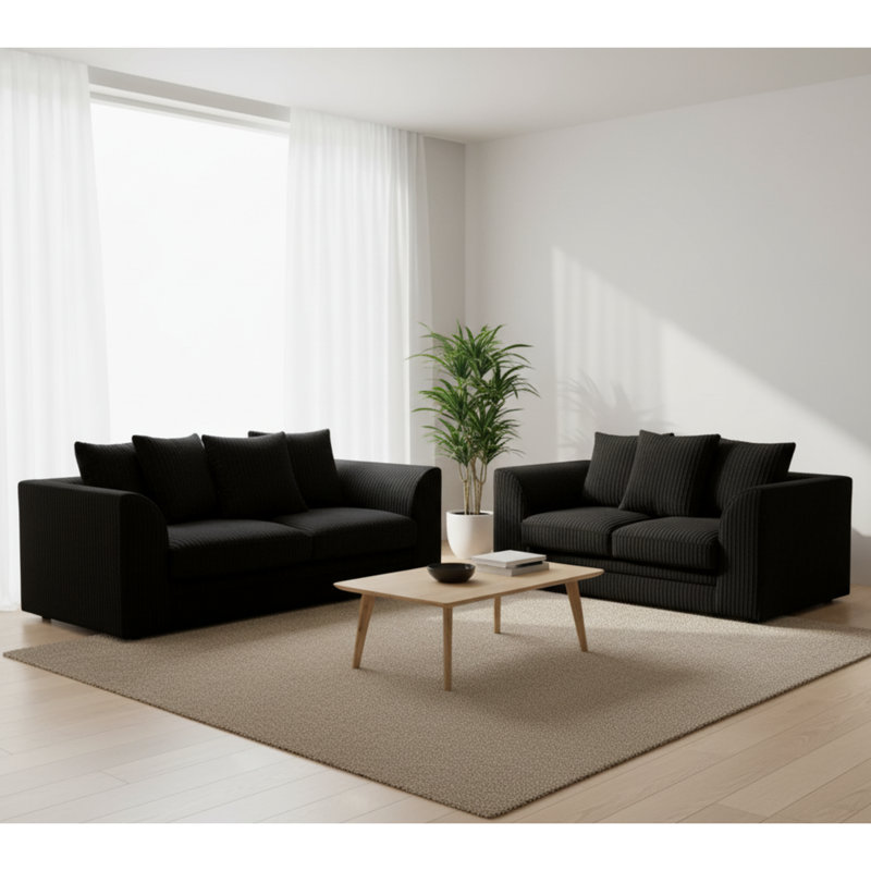 Duvert Two Piece Chenille Sofa Set – Fixed Back Cushions, Non-Slip Seating, Black